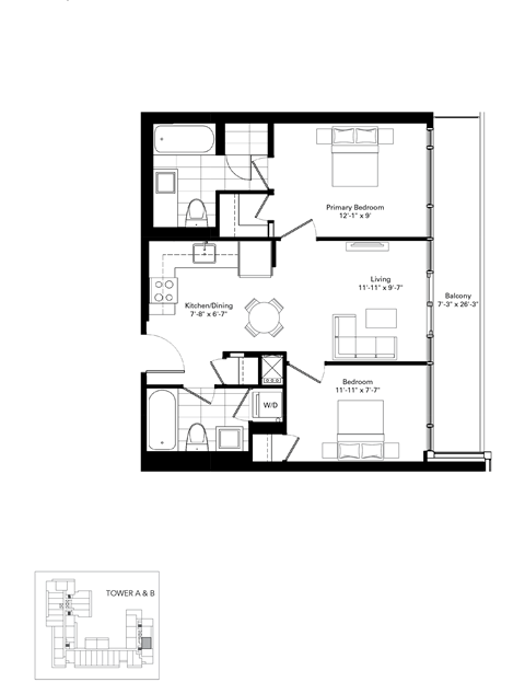 Floor plan for 2 beds, 2 baths, 635 sqft
